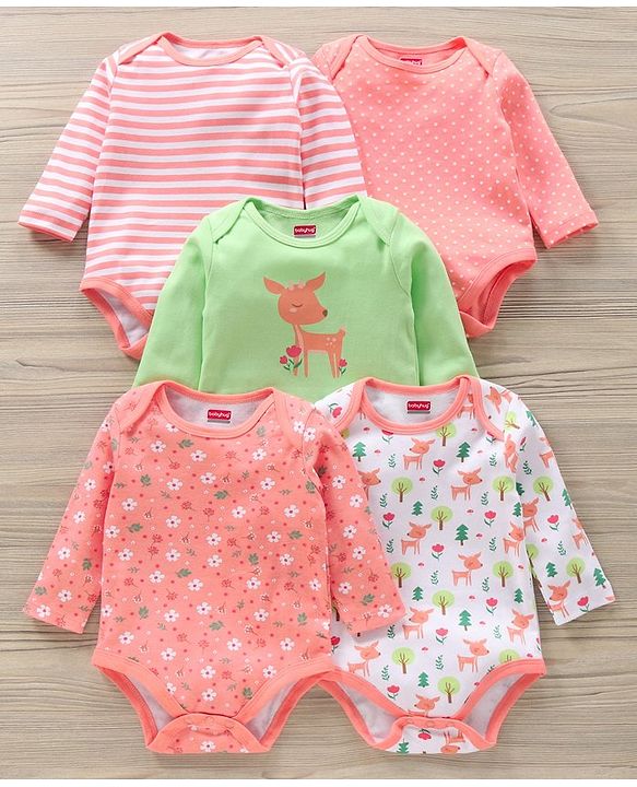 Babyhug 100% Cotton Full Sleeves Onesies Multi Print Pack of 5 - Multicolour