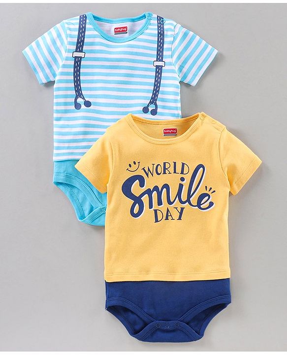 Babyhug 100% Cotton Half Sleeves Striped Onesies Text Print Pack of 2 - Blue Yellow