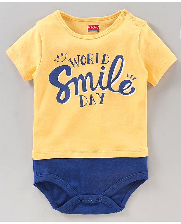 Babyhug 100% Cotton Half Sleeves Striped Onesies Text Print Pack of 2 - Blue Yellow
