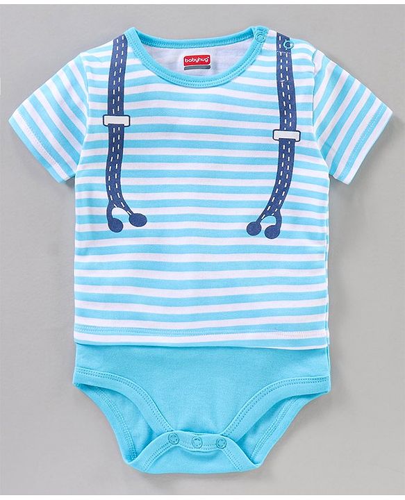 Babyhug 100% Cotton Half Sleeves Striped Onesies Text Print Pack of 2 - Blue Yellow