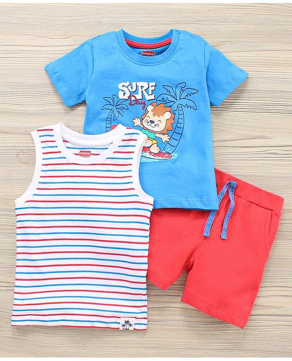 Babyhug Sleeveless & Half Sleeves T-Shirts & Shorts Set Beach & Stripes Print - Multicolour