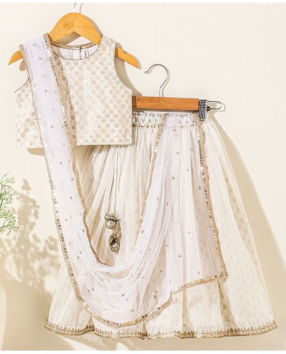 Babyhug Sleeveless Embeliished Choli Lehenga and Dupatta Set with Sequins - Ivory - 3-4Y Off White/Cream
