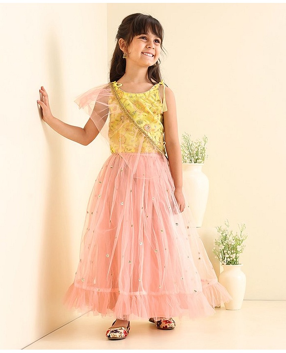 Babyhug Sleeveless Embroidered Choli Lehenga and Dupatta Set with Sequins - Yellow Peach - 18-24m Yellow
