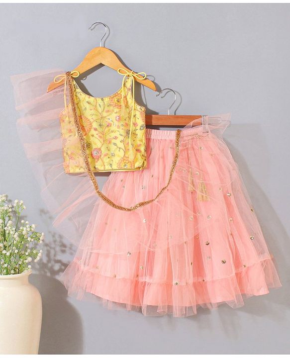 Babyhug Sleeveless Embroidered Choli Lehenga and Dupatta Set with Sequins - Yellow Peach - 18-24m Yellow