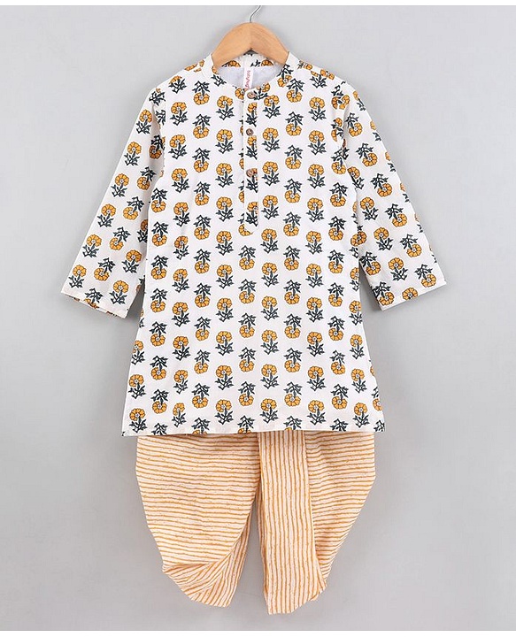 Babyhug Full Sleeves Cotton Kurta & Dhoti Set Printed - Off White