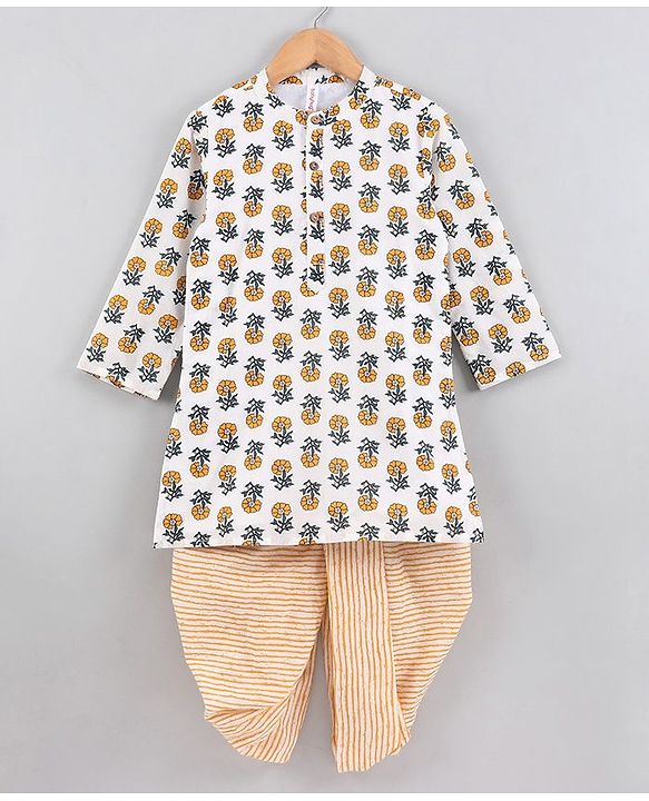 Babyhug Full Sleeves Cotton Kurta & Dhoti Set Printed - Off White