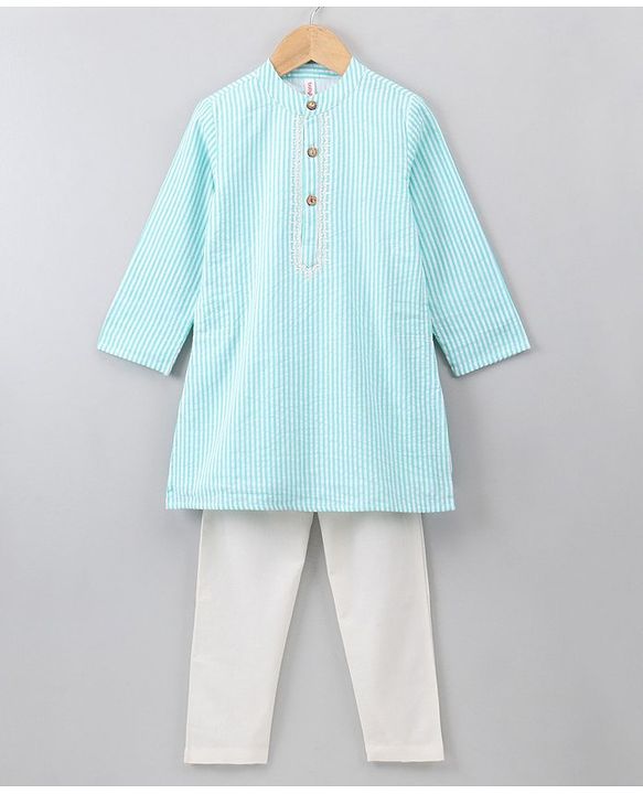 Babyhug Full Sleeves Striped Cotton Kurta & Pyjama Set - Light Blue