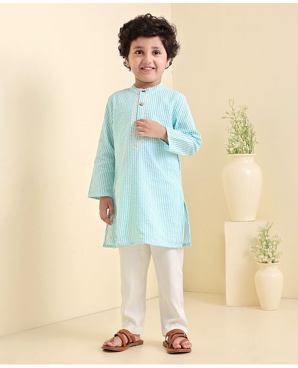 Babyhug Full Sleeves Striped Cotton Kurta & Pyjama Set - Light Blue