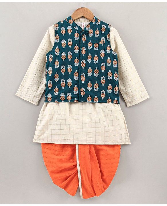 Babyhug Full Sleeves Cotton Checks Kurta and Dhoti Set with Printed Jacket - Beige