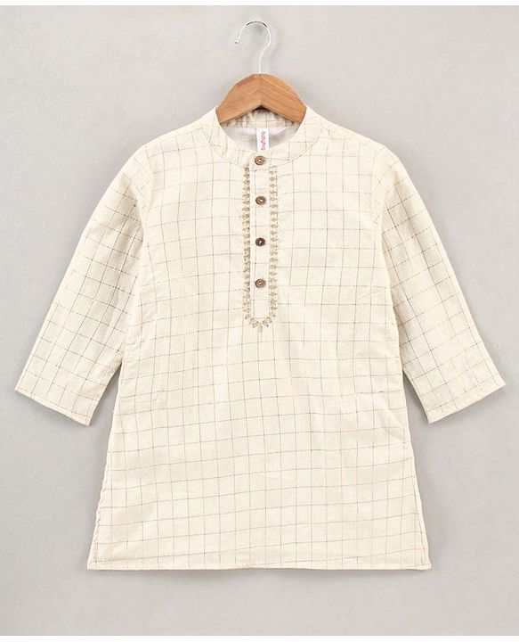 Babyhug Full Sleeves Cotton Checks Kurta and Dhoti Set with Printed Jacket - Beige