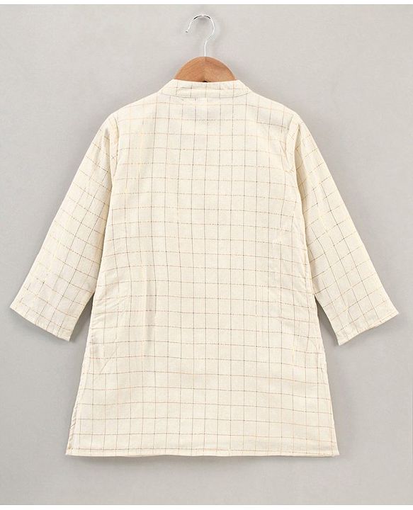 Babyhug Full Sleeves Cotton Checks Kurta and Dhoti Set with Printed Jacket - Beige