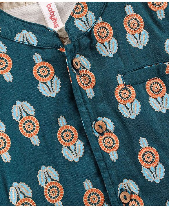 Babyhug Full Sleeves Cotton Checks Kurta and Dhoti Set with Printed Jacket - Beige