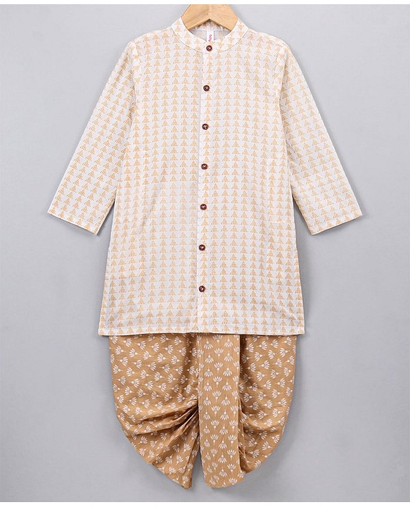 Babyhug Full Sleeves Cotton Kurta and Dhoti Set Printed - Beige