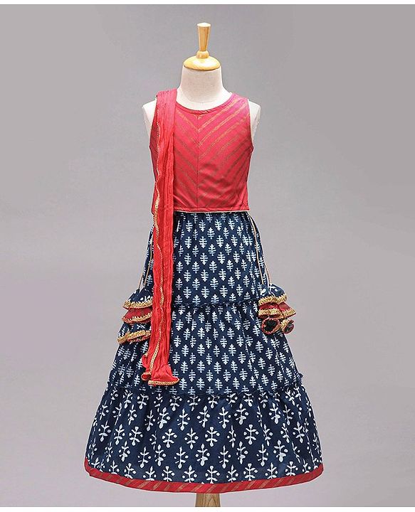 Babyhug Sleeveless Choli & Lehenga Set With Dupatta Ethnic Print - Red Blue