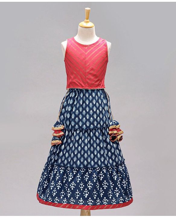 Babyhug Sleeveless Choli & Lehenga Set With Dupatta Ethnic Print - Red Blue