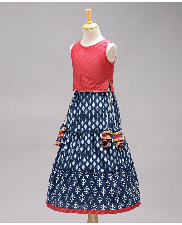 Babyhug Sleeveless Choli & Lehenga Set With Dupatta Ethnic Print - Red Blue