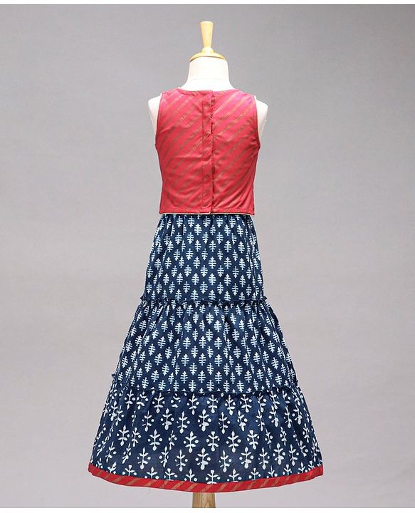 Babyhug Sleeveless Choli & Lehenga Set With Dupatta Ethnic Print - Red Blue