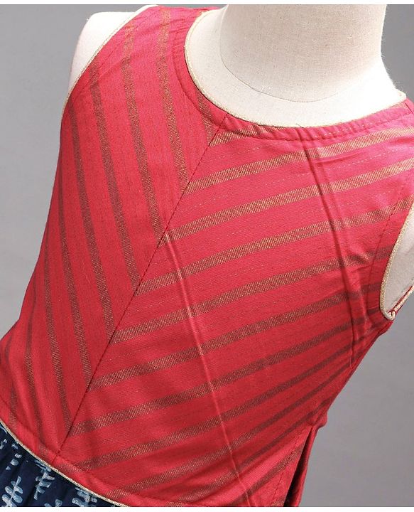 Babyhug Sleeveless Choli & Lehenga Set With Dupatta Ethnic Print - Red Blue