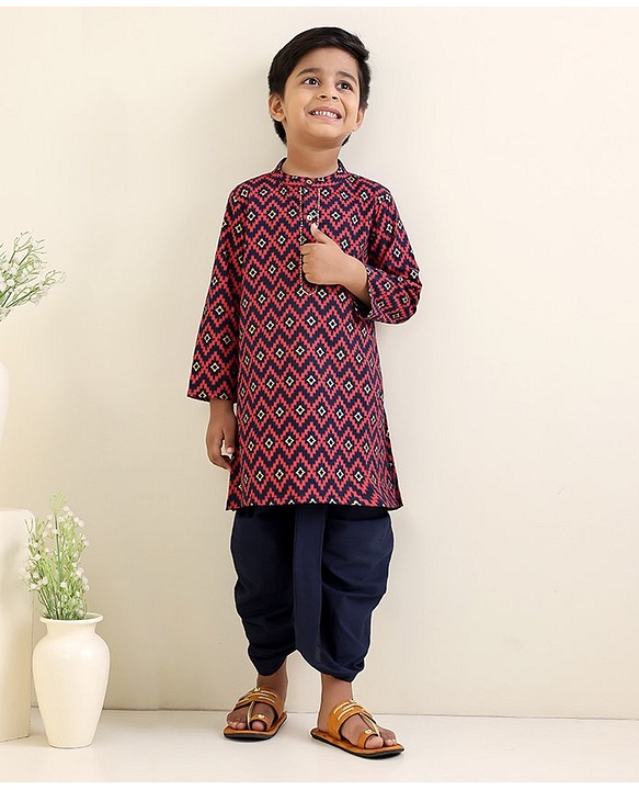 Babyhug Full Sleeves Kurta Dhoti Set Printed - Red Navy Blue