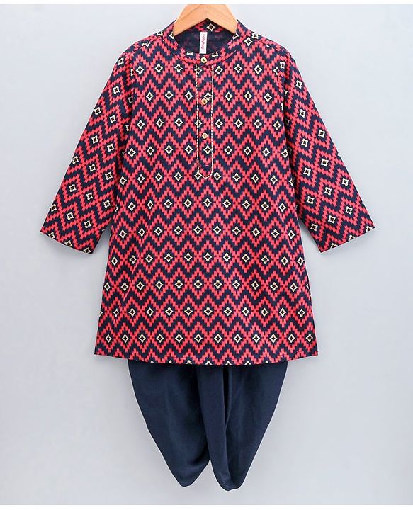 Babyhug Full Sleeves Kurta Dhoti Set Printed - Red Navy Blue