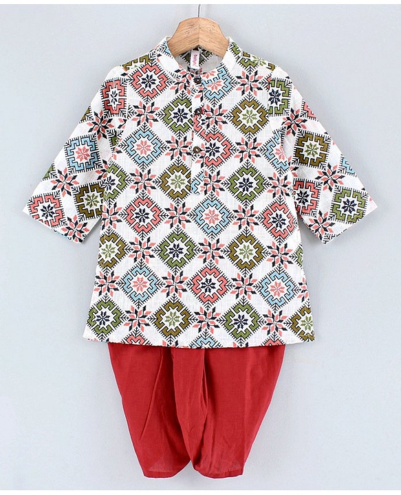Babyhug Full Sleeves Printed Kurta and Dhoti Set - Off White Red