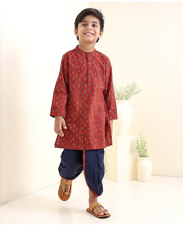 Babyhug Full Sleeves Cotton Kurta Dhoti Set Printed - Maroon