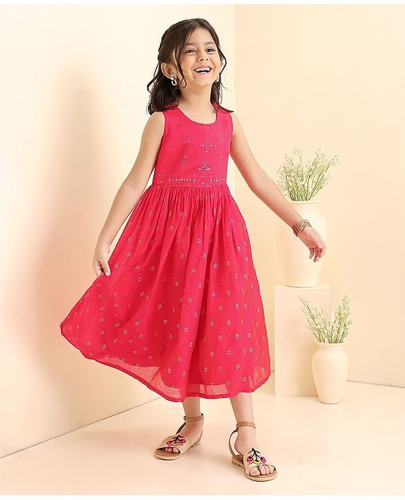 Babyhug Sleeveless Ethnic Dress with Floral Print - Red
