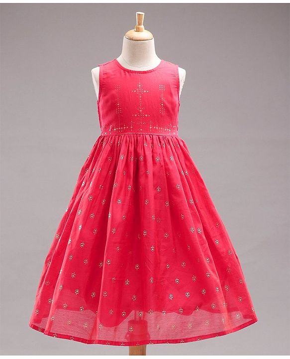 Babyhug Sleeveless Ethnic Dress with Floral Print - Red