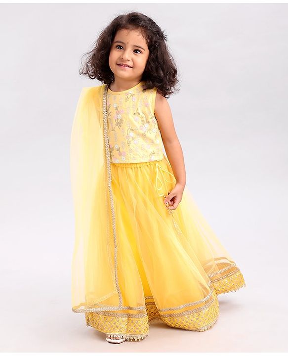 Babyhug Sleeveless Choli & Lehenga Set With Dupatta Floral Embroidery - Yellow