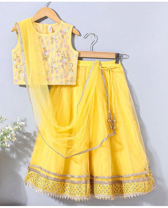 Babyhug Sleeveless Choli & Lehenga Set With Dupatta Floral Embroidery - Yellow