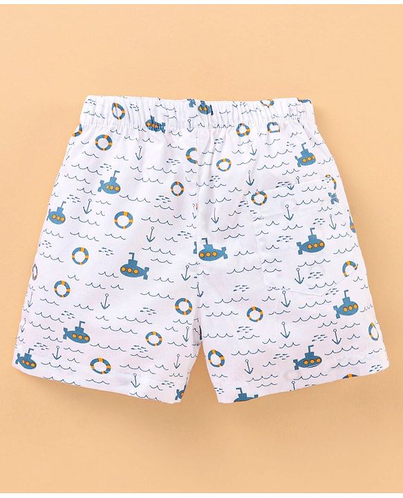 Babyhug Knee Length Cotton Quick Dry Boxers Check Submarine And Space Print Pack Of 3 - Blue Red White