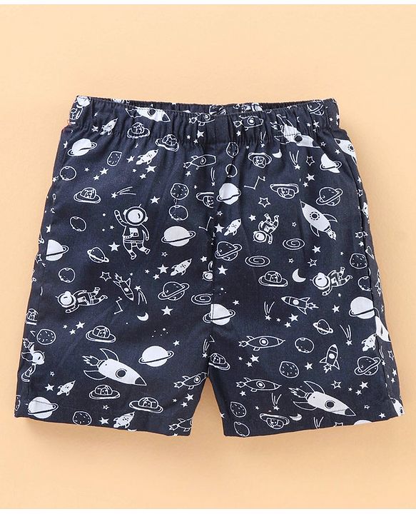 Babyhug Knee Length Cotton Quick Dry Boxers Check Submarine And Space Print Pack Of 3 - Blue Red White