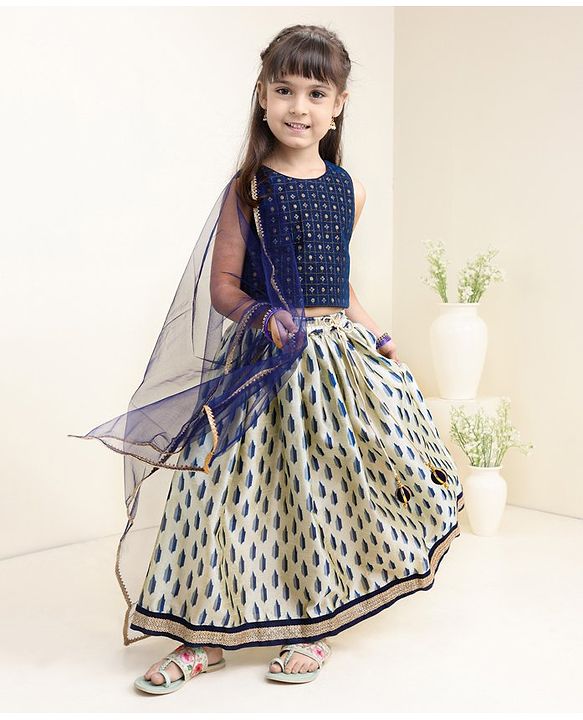 Babyhug Sleeveless Embroidered Choli Lehenga and Dupatta Set All Over Printed - Royal Blue Cream - 18-24m Off White/Cream