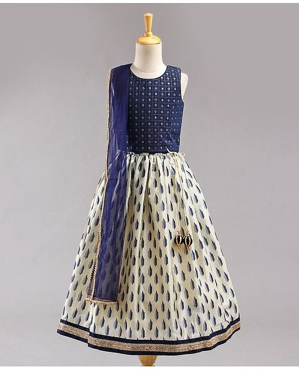 Babyhug Sleeveless Embroidered Choli Lehenga and Dupatta Set All Over Printed - Royal Blue Cream - 18-24m Off White/Cream