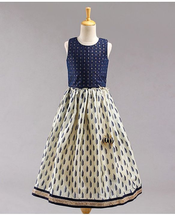 Babyhug Sleeveless Embroidered Choli Lehenga and Dupatta Set All Over Printed - Royal Blue Cream - 18-24m Off White/Cream