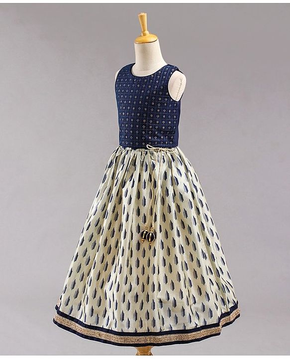 Babyhug Sleeveless Embroidered Choli Lehenga and Dupatta Set All Over Printed - Royal Blue Cream - 18-24m Off White/Cream