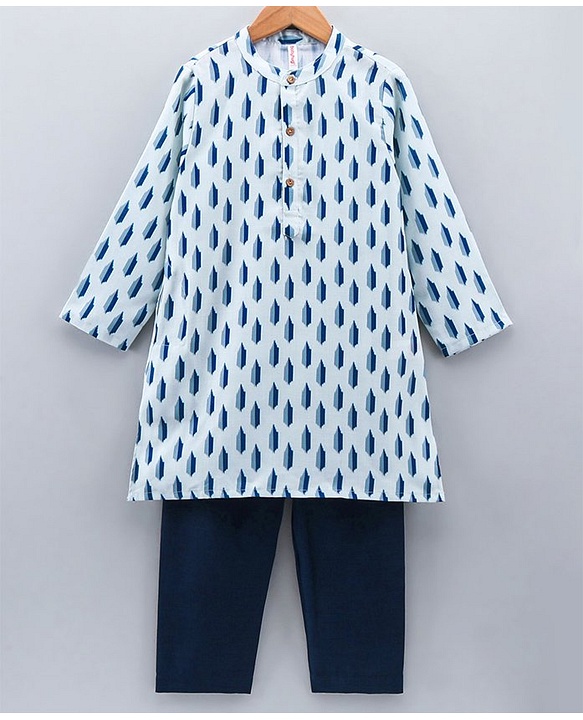Babyhug Full Sleeves Cotton Kurta & Pyjama Set Printed - Navy Blue