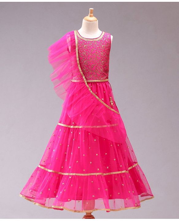 Babyhug Sleeveless Embellished Choli Lehenga and Dupatta Set with Beads Floral Embroidery - Pink - 2-3Y Pink
