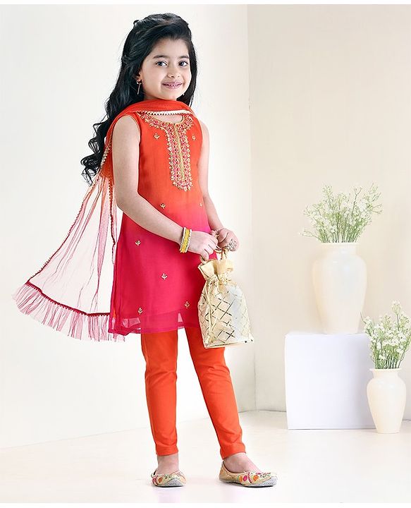 Babyhug Sleeveless Kurti Churidar Set with Dupatta Sequin- Red