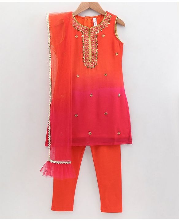 Babyhug Sleeveless Kurti Churidar Set with Dupatta Sequin- Red