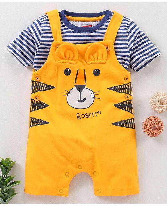 Babyhug Half Sleeves T-Shirt & Dungaree Set Striped & Tiger Print & Applique - Blue Yellow