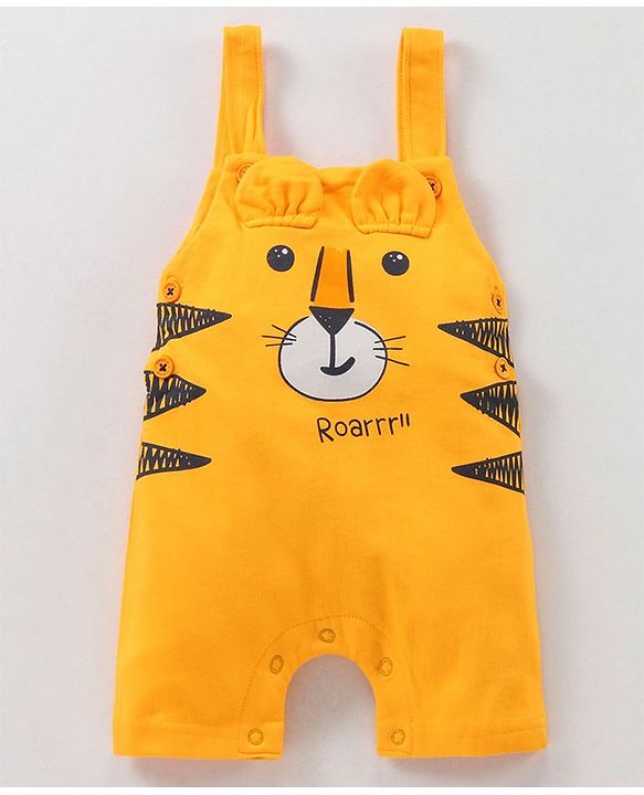 Babyhug Half Sleeves T-Shirt & Dungaree Set Striped & Tiger Print & Applique - Blue Yellow