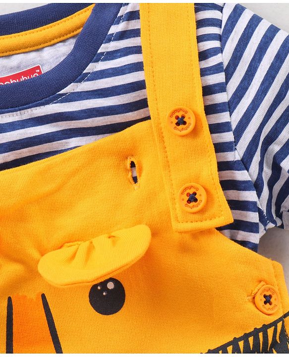 Babyhug Half Sleeves T-Shirt & Dungaree Set Striped & Tiger Print & Applique - Blue Yellow