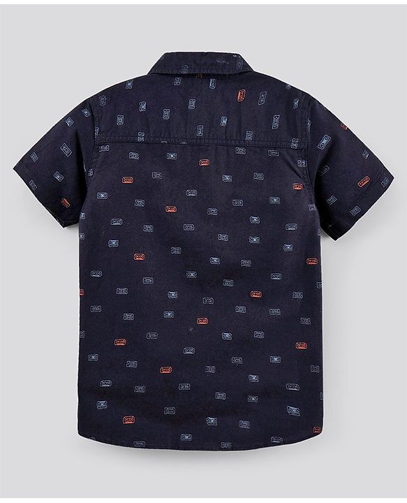 Pine Kids Cotton Half Sleeves Shirt With Tie Printed - Navy Blue