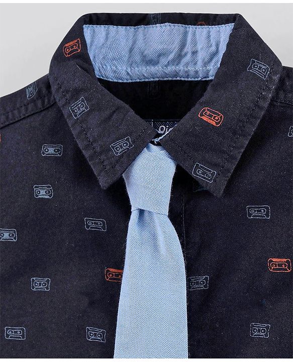 Pine Kids Cotton Half Sleeves Shirt With Tie Printed - Navy Blue