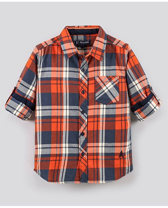 Pine Kids Full Sleeves Shirt Checks Print - Orange