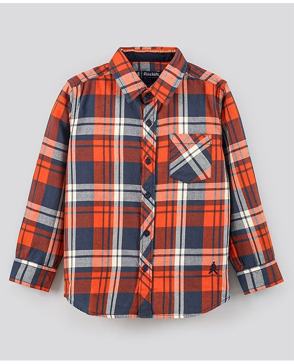 Pine Kids Full Sleeves Shirt Checks Print - Orange