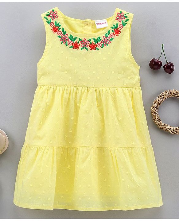 Babyhug 100% Cotton Sleeveless Tiered Frock with Swiss Dot & Floral Embroidery - Yellow