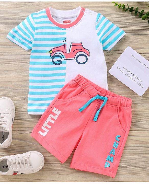 Babyhug Half Sleeves T-Shirt & Shorts Stripes & Car Print - White Pink