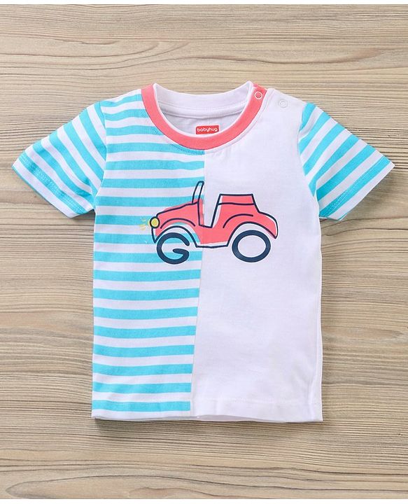 Babyhug Half Sleeves T-Shirt & Shorts Stripes & Car Print - White Pink